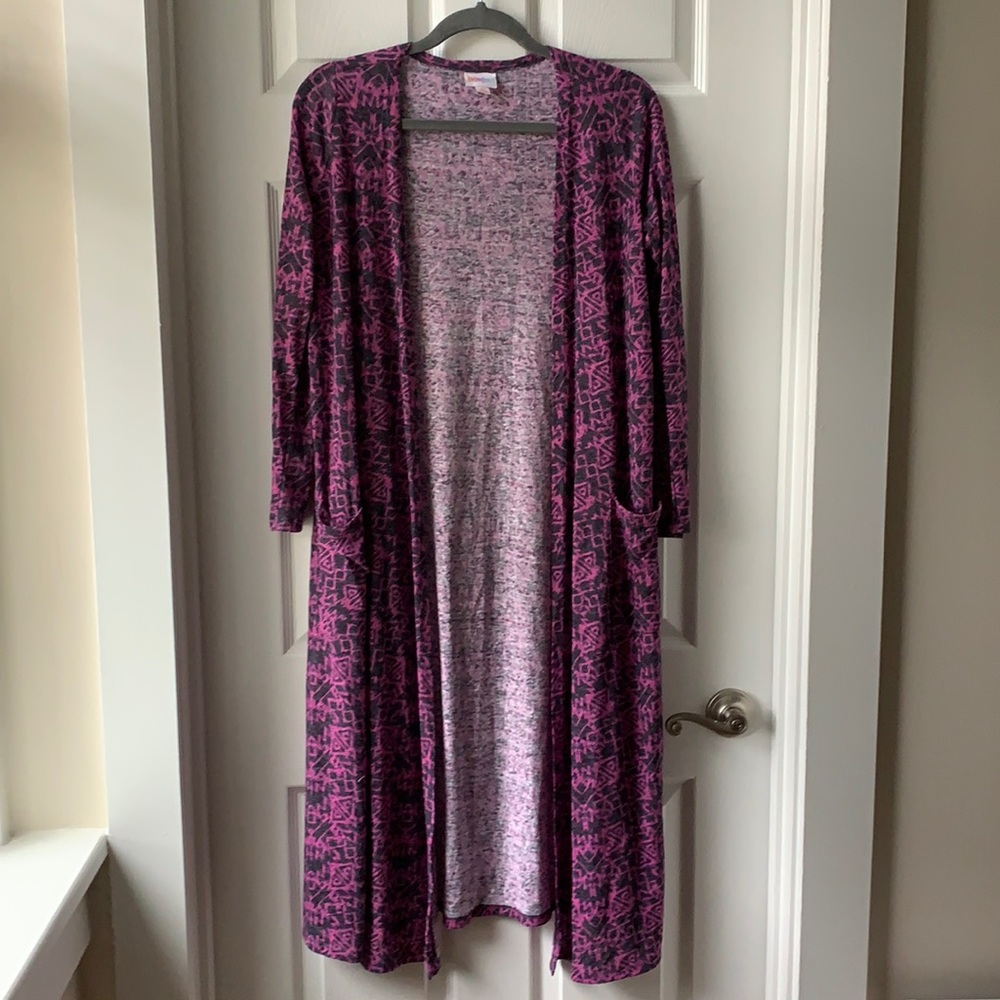 LuLaRoe Sarah Charcoal Gray & Pink Aztec Cardigan